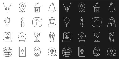 Hristiyan haçı, Tabut, Rahibe, Kilise vaaz tribünü, yanan mum, tespih dini, zincir ve ikon. Vektör