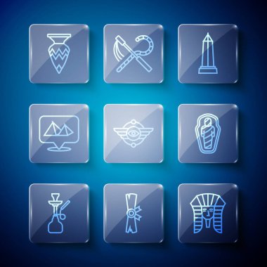 Nargile, papirüs tomarı, Mısır firavunu, İskenderiye Obelisk sembolü kanatlı güneş, piramitler, vazo ve mumya taşmezarı ikonu. Vektör