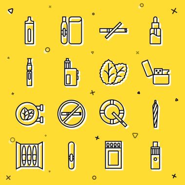 Vape mod cihazı, marihuana esrar, sigara, sigara içilmez, elektronik sigara ve tütün yaprağı ikonu. Vektör