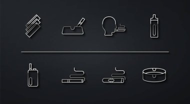 Sigara sarma kağıtları, elektronik sigara, kül tablası ve sigara içme ikonu. Vektör