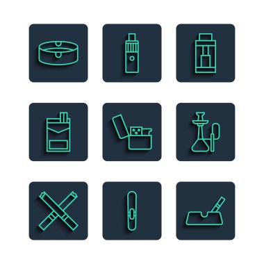 Sabit hat sigara, sigaralı kül tablası, Vape mod cihazı, çakmak, sigara paketi ve nargile ikonu. Vektör