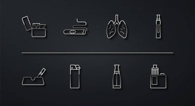 Aydınlatma hattı, sigaralı kül tablası, Elektronik, Vape sıvı şişe, puro, mod cihazı ve akciğer ikonu. Vektör