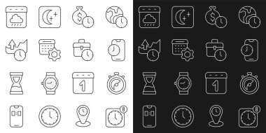 Alarm uygulamasını ayarla, Stopwatch, Saat para, Takvim ayarları, Borsa büyüme grafikleri, sonbahar ve iş zamanı simgesi. Vektör