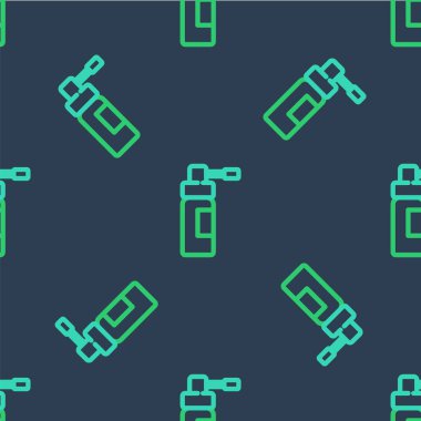 Burun ve boğaz ikonu hastalıklarının tedavisinde kullanılan hortum spreyli çizgi tıbbi şişesi mavi arka planda izole edilmiş pürüzsüz desen. Vektör