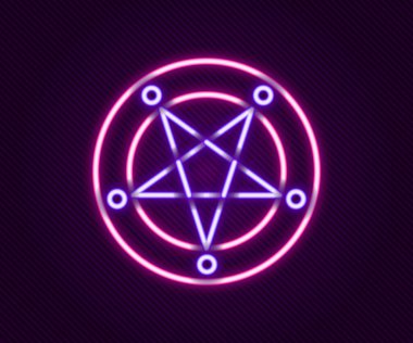 Siyah arkaplanda izole edilmiş bir daire simgesinde parlayan neon çizgisi Pentagram. Sihirli okült yıldız sembolü. Renkli taslak konsepti. Vektör
