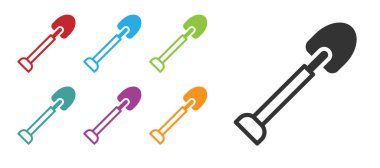 Beyaz arkaplanda siyah kürek simgesi izole edildi. Bahçe aletleri. Bahçecilik, tarım, çiftçilik aleti. Simgeleri renklendirin. Vektör