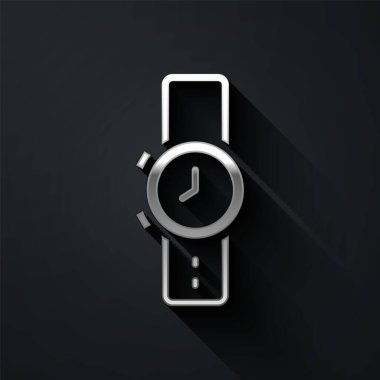 Gümüş bilek saat simgesi siyah arkaplanda izole. Kol saati simgesi. Uzun gölge tarzı. Vektör