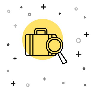 Siyah Hat Havayolları 'nın kayıp bagaj simgesini bulma servisi beyaz arkaplanda izole edildi. Bagajları arayın. Rastgele dinamik şekiller. Vektör