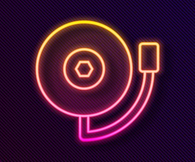 Parlayan neon hattı alarm zili simgesi siyah arkaplanda izole edildi. Yangın alarmı. Servis zili, el zili işareti, uyarı sembolü. Vektör