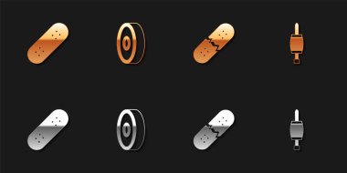 Set Skateboard, ball bearing, Broken skateboard deck and Screwdriver icon. Vector