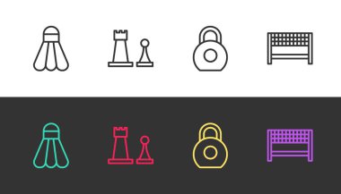 Badminton mekik, Satranç, Kettlebell ve Ribbon 'ın bitiş çizgisi siyah ve beyaz. Vektör