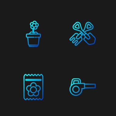 Yaprak üfleyici, çiçek tohumu tohumu, saksı, kürek ve tırmık. Renk simgeleri. Vektör