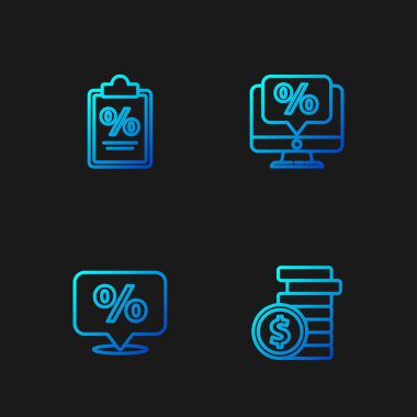 Set line Coin money with dollar, Discount percent tag, Finance document and Percent discount and monitor. Gradient color icons. Vector