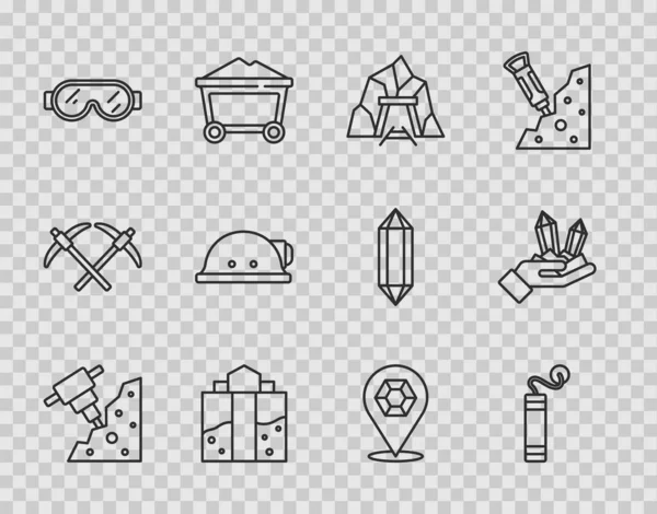 Set Line Bau Presslufthammer Dynamit Grubeneingang Schutzbrille Bergmannshelm Edelstein Und — Stockvektor