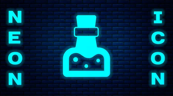 Glowing Neon Bottle Potion Icon Isolated Brick Wall Background Flask — Stock Vector