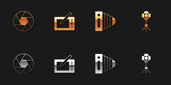 Set Camera Shutter Graphic Tablet Photo Camera Softbox Light Icon — Stockvector