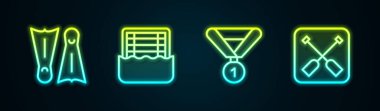 Yüzme, su topu, madalya ve kürek için Flipper 'ları ayarlayın. Parlayan neon ikonu. Vektör