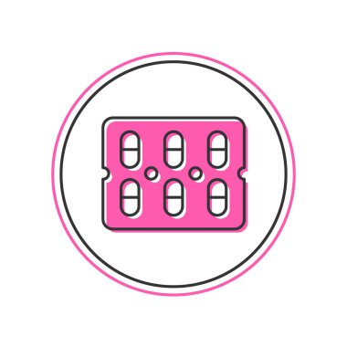 Doldurulmuş haplar beyaz arka planda izole edilmiş su toplayıcı ikonu. İlaç paketi. Tablet, vitamin, antibiyotik, aspirin. Vektör.