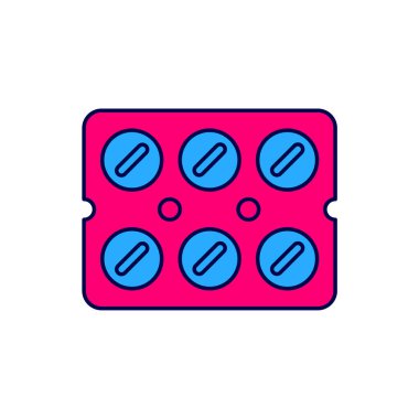 Doldurulmuş haplar beyaz arka planda izole edilmiş su toplayıcı ikonu. İlaç paketi. Tablet, vitamin, antibiyotik, aspirin. Vektör.