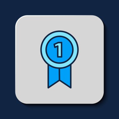 Doldurulmuş Madalya simgesi mavi arkaplanda izole edildi. Kazanan başarı işareti. Ödül madalyası. Vektör.