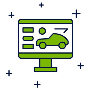 Beyaz arkaplanda izole edilmiş araç simgesinin ana hatlarıyla donanım tanılama durumu. Araba servisi ve tamir parçaları. Vektör.