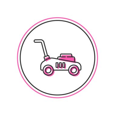 Doldurulmuş çim biçme makinesi simgesi beyaz arkaplanda izole edildi. Çim biçme makinesi çim biçiyor. Vektör.