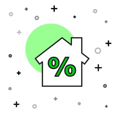 Beyaz arkaplanda izole edilmiş ana hatlı indirimli etiket simgesi ile ev dolduruldu. Emlak evi. Kredi yüzdesi sembolü. Vektör.