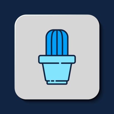 Kaktüs ana hatlarıyla doldurulmuş ve mavi arka planda izole edilmiş tencere simgesiyle sulu. Tencerede yetişen bir bitki. Saksı bitkisi işareti. Vektör.