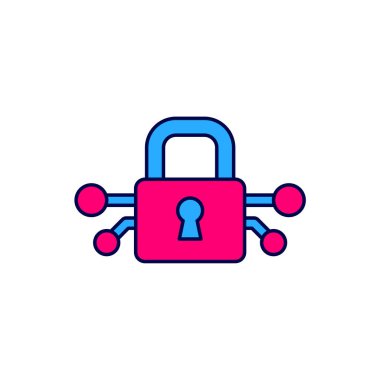 Beyaz arka planda izole edilmiş ana hatlı Siber güvenlik simgesi. Dijital devre kartında kapalı asma kilit. Güvenlik kavramı. Dijital veri koruması. Vektör.