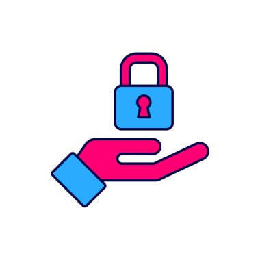 Doldurulmuş el simgesindeki kilit beyaz arkaplanda izole edildi. Asma kilit işareti. Güvenlik, güvenlik, koruma, gizlilik kavramı. Vektör.