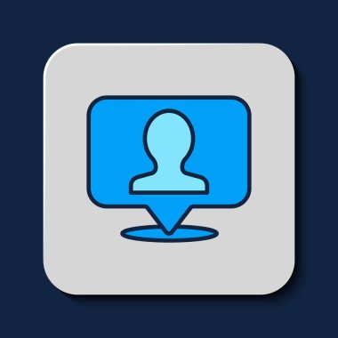 Mavi arkaplanda izole edilmiş bir kişi simgesinin silüeti ile ana çizgi işaretleyicisi dolduruldu. GPS konum sembolü. Vektör.