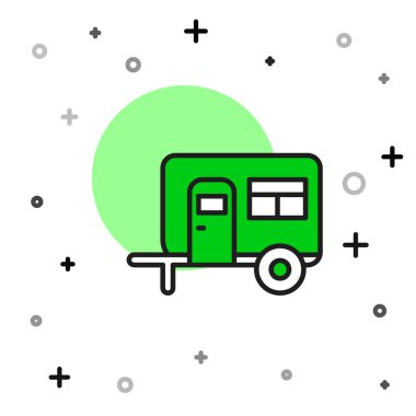 Beyaz arkaplanda izole edilmiş ana hatlı karavan kampı simgesi. Gezici ev, karavan, yolculuk için ev karavanı. Vektör.