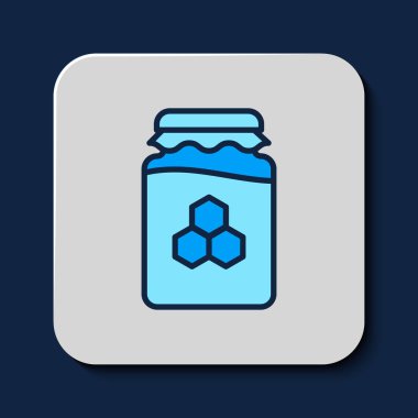 Mavi arkaplanda izole edilmiş bal ikonu ana hatlarıyla dolu kavanoz. Yiyecek bankası. Tatlı doğal gıda sembolü. Vektör.