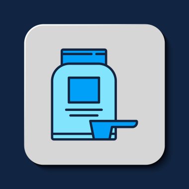 Filled outline Sports nutrition bodybuilding proteine power drink and food icon isolated on blue background. Vector.