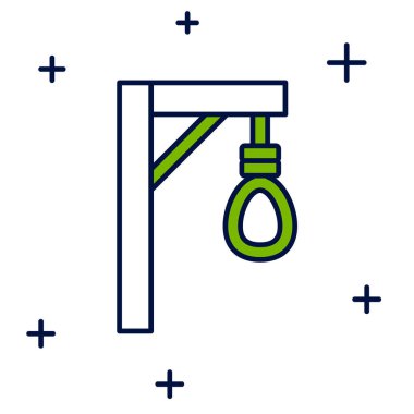 Beyaz arkaplanda izole edilmiş ana hatlı darağacı halat asılı ikonu. İpe bağlanmış halat. İntihar, asılma ya da linç. Vektör.