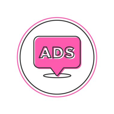 Doldurulmuş ana hat reklam simgesi beyaz arkaplanda izole edildi. Pazarlama ve tanıtım süreci kavramı. İlgili reklamlar. Sosyal medya reklamcılığı. Vektör.