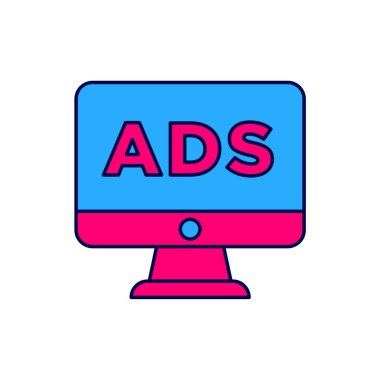 Doldurulmuş ana hat reklam simgesi beyaz arkaplanda izole edildi. Pazarlama ve tanıtım süreci kavramı. İlgili reklamlar. Sosyal medya reklamcılığı. Vektör.