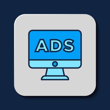 Doldurulmuş ana hat reklam simgesi mavi arkaplanda izole edildi. Pazarlama ve tanıtım süreci kavramı. İlgili reklamlar. Sosyal medya reklamcılığı. Vektör.