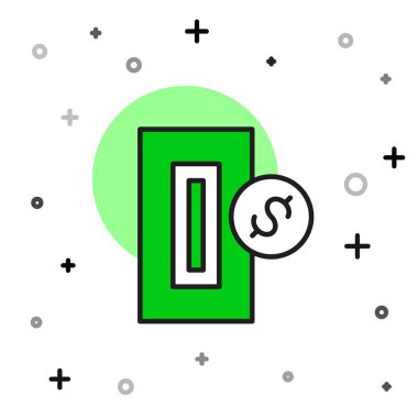 El 'in ana hatlarını doldurup otomat makinesindeki bir yuvaya para sokuyor ya da beyaz arka planda izole edilmiş bir oyun makinesi simgesi. Vektör.