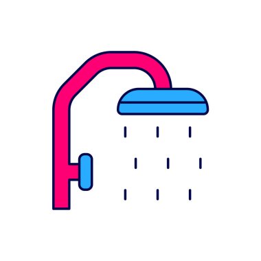 Ana hatlarıyla doldurulmuş duş başlığı beyaz arka planda izole edilmiş su damlalarıyla dolu. Vektör.