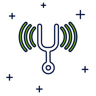 Beyaz arkaplanda izole edilmiş müzikal enstrüman simgesini ayarlamak için ana hatlı müzikal ayar çatalı. Vektör.