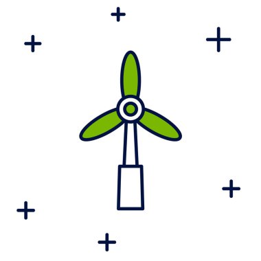 Doldurulmuş rüzgar türbini simgesi beyaz arkaplanda izole edildi. Rüzgar jeneratörü işareti. Elektrik üretimi için yel değirmeni. Vektör.