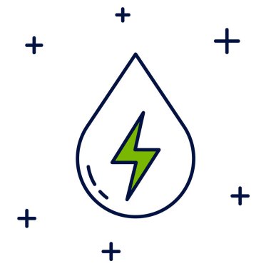 Beyaz arkaplanda izole edilmiş ana hatlı su enerji ikonu. Su damlacıklarıyla ekoloji kavramı. Alternatif enerji kavramı. Vektör.