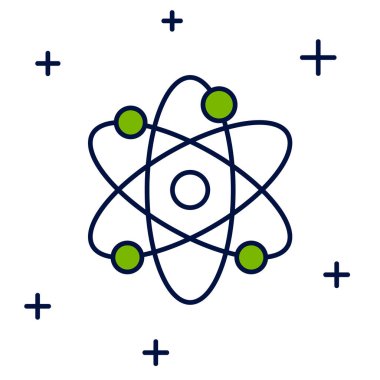 Doldurulmuş Atom simgesi beyaz arkaplanda izole edildi. Bilimin, eğitimin, nükleer fiziğin, bilimsel araştırmaların sembolü. Vektör.