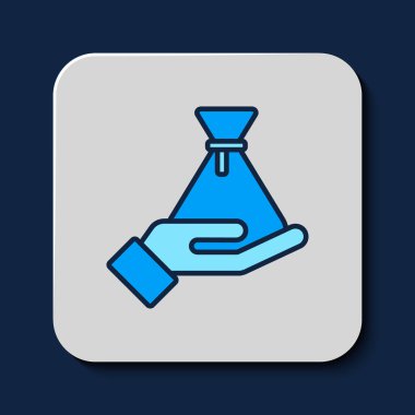 Rüşvet para çantası ikonu mavi arka planda izole edildi. Para birimi. Vektör.