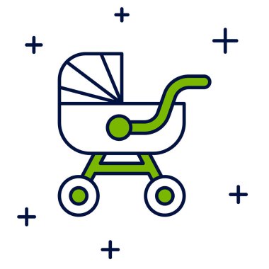 Doldurulmuş bebek arabası simgesi beyaz arkaplanda izole edildi. Bebek arabası, at arabası, bebek arabası, bebek arabası, tekerlek. Vektör.