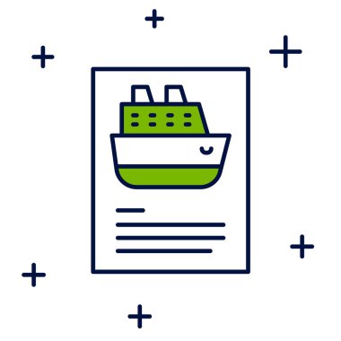 Ana hatları doldurulmuş gemi simgesi beyaz arkaplanda izole edilmiş. Seyahat turizmi deniz taşımacılığı. Yolcu gemisi, yolcu gemisi. Dünya çapında bir gezi. Vektör.