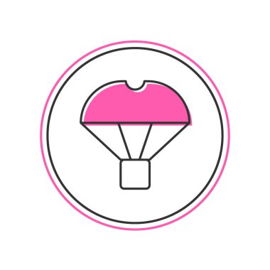 Beyaz arka planda izole edilmiş paraşüt ikonu üzerinde uçan ana hatlı kutu. Nakliye için paraşütlü paket. Teslimat servisi, hava taşımacılığı. Vektör.