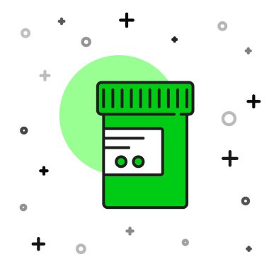 Ana hatlarıyla doldurulmuş ilaç şişesi ve beyaz arka planda izole edilmiş hap ikonu. Şişe hapı işareti. Eczane tasarımı. Vektör.