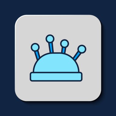 Mavi arka planda izole edilmiş iğne ve iğne ikonu ana hatlarıyla dolu. El yapımı ve dikiş teması. Vektör.